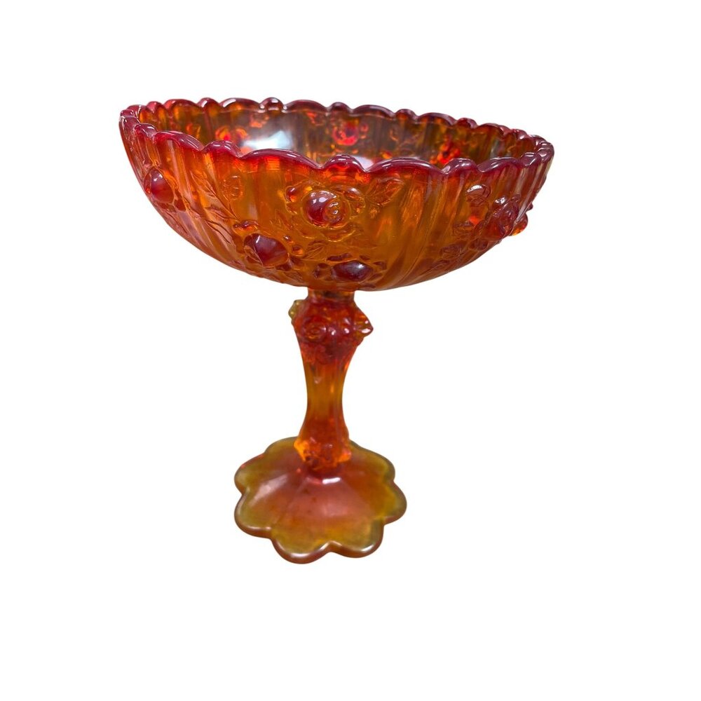 Amberina Vtg pressed floral glass pedestal compote candy dish SKU 9767